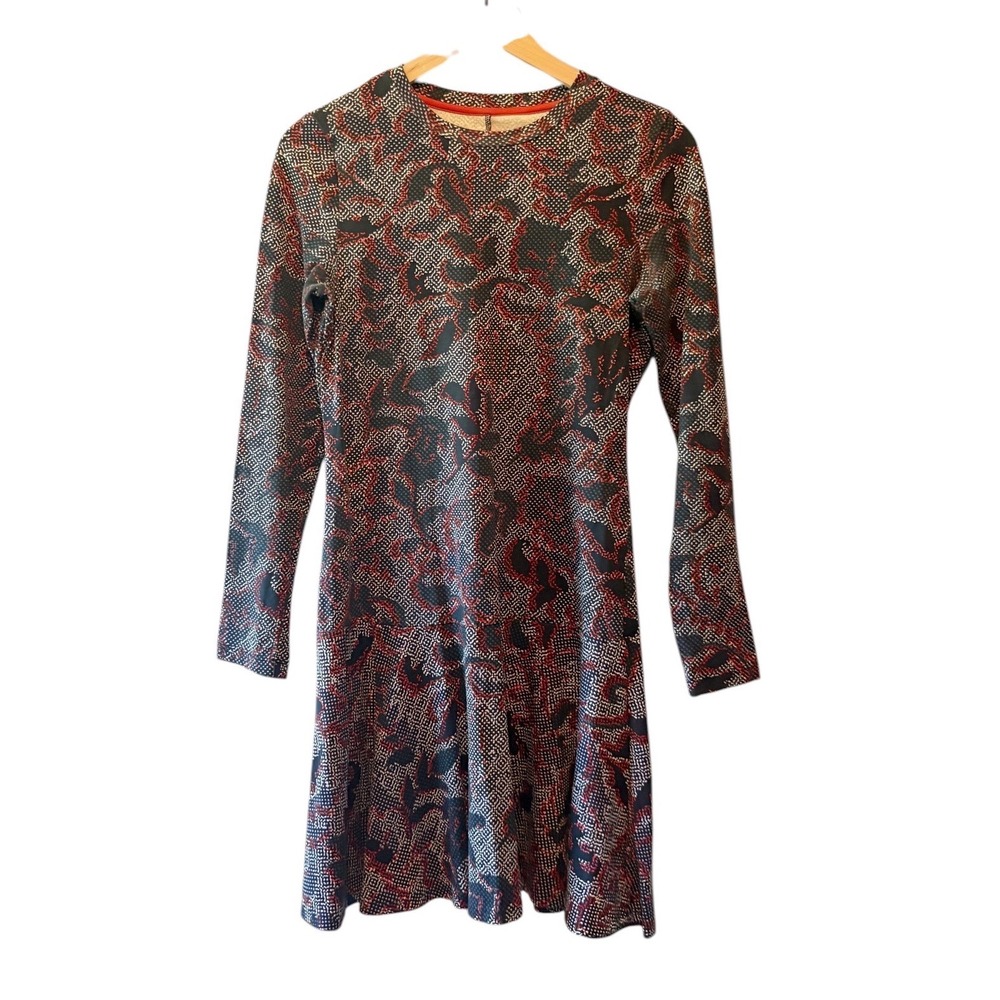 Tory Burch Red Navy Abstract Floral Pima Cotton Long Sleeve Mini Dress XS